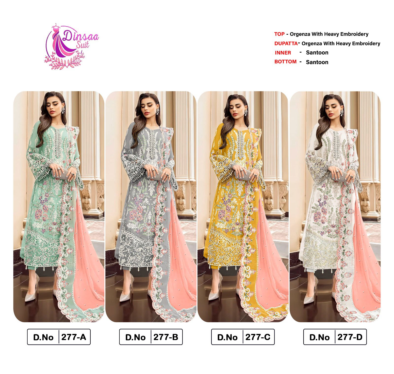 Dinsaa 277 A To D Embroidered Organza Pakistani Suits Wholesale Shop In Surat
